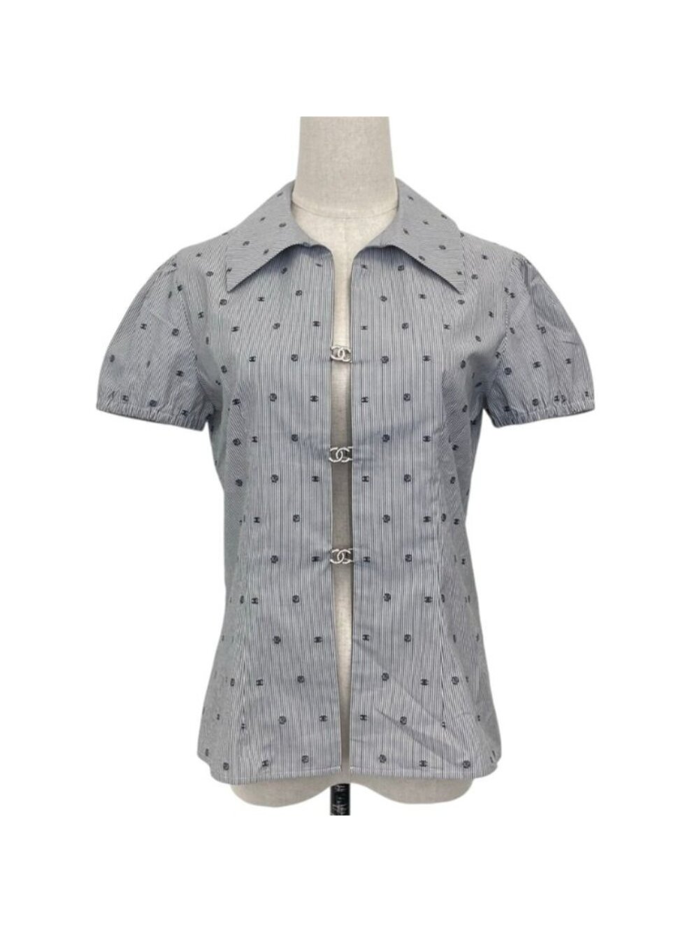 Chanel 24P Bijou CC Logo Button Stripe Blouse Navy White Spring Summer 38